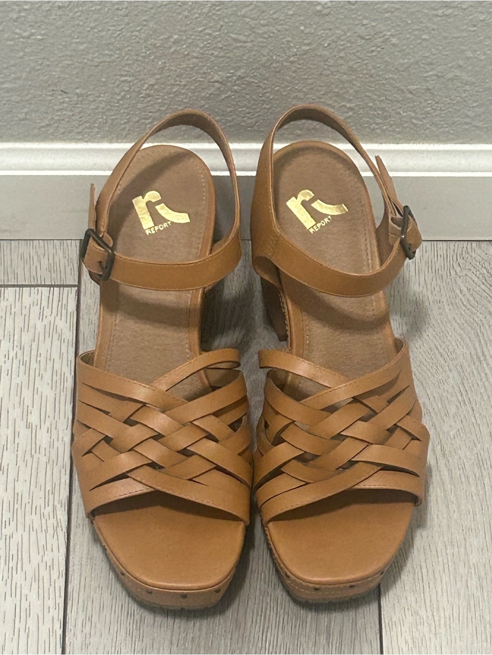 Report Strappy Platform Block Heel Sandals Tan/Cognac - Women’s Sz 11 EUC